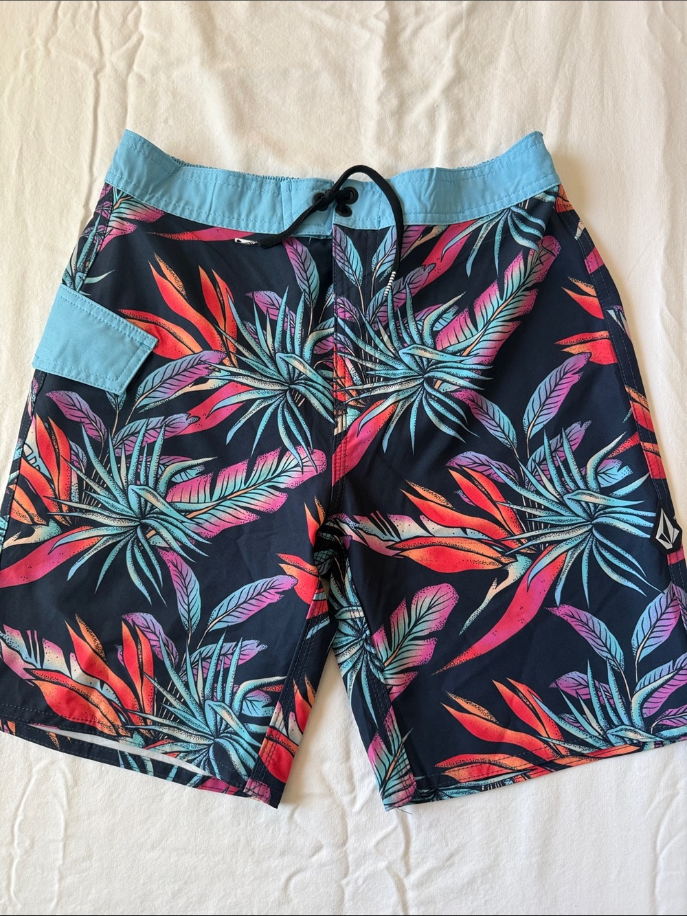 Volcom Boys Navy Swim Board Shorts with Teal, Pink & Orange Tropical Print